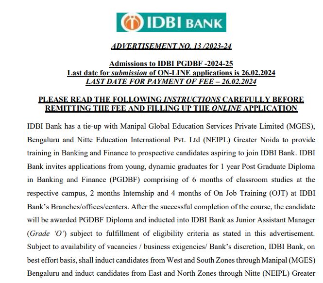 IDBI Recruitment 2024 Notification, IDBI Bank Recruitment 2024