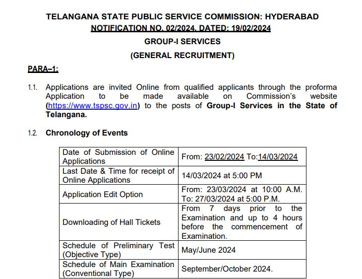 TSPSC Recruitment 2024 Notification, TSPSC Group 1 Services Recruitment 2024